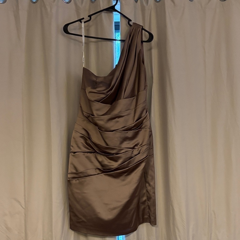 David's Bridal One-Shoulder Satin Dress champagne colored with matching sash